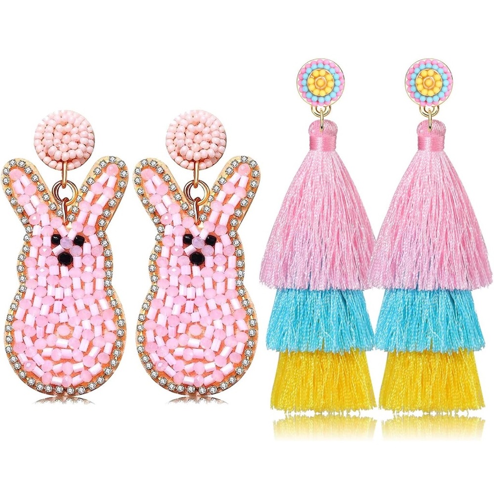 NWT 2 Pairs Easter Beaded Bunny and Colorful Egg Layered Tassel Earrings
